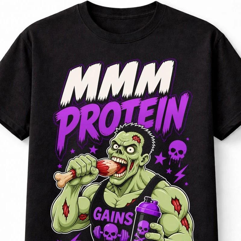 MMM Protein Zombie Gym Gains Or Brains Horror Fitness Unisex TShirt S