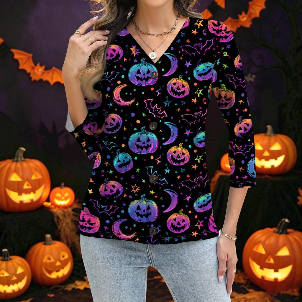 Women's Casual Button Down Shirt with Halloween Print 3/4 Sleeve for Party and Daily Wear