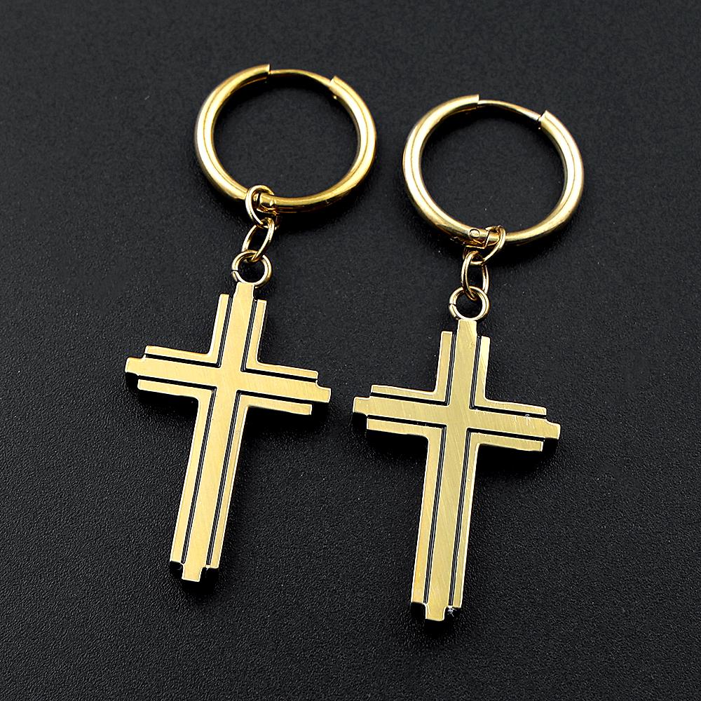 Orecchini a cerchio Croce Cristiana Religiosa in Acciaio Inossidabile per Uomo Donna Colore Oro Crocifisso di Gesù Orecchino pendente Gioiello Fede Regalo
