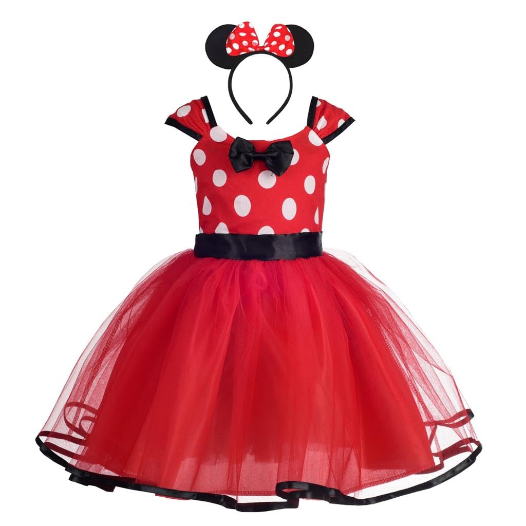 Kids Minnie Mouse Style Girls Polka Dot Costume Birthday Party Tulle Skirt with Headband Ages Red [Dressy Daisy] 5-6