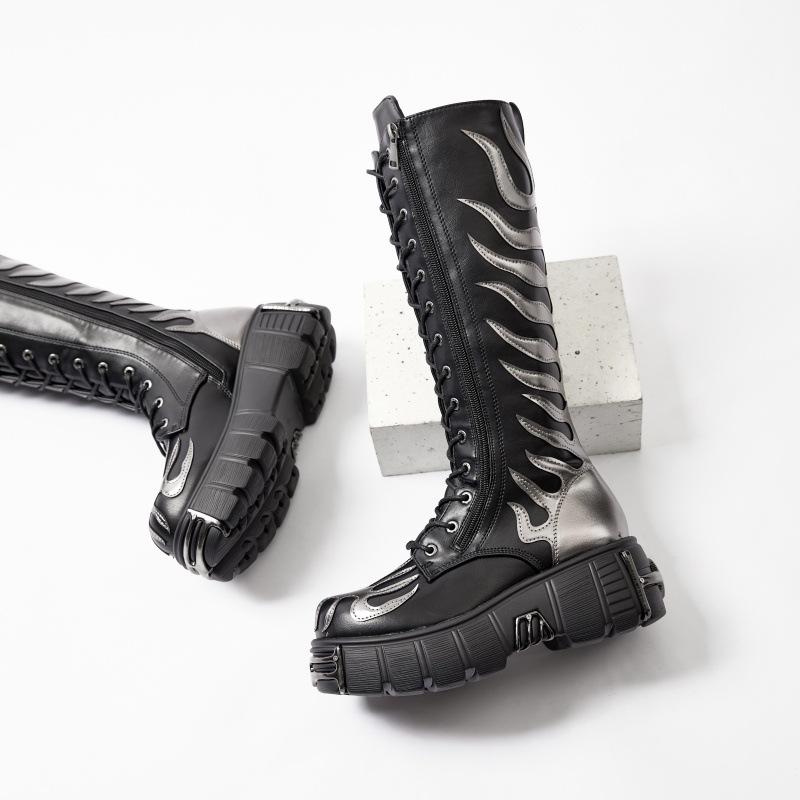 Bottes Longues au Genou Tendance Pour Femmes Nouvelles Bottes de Chevalier à Lacets et Tige Haute Augmentant la Hauteur Bottes à Semelles Épaisses Chaussures Punk Bottes Longues Style Rétro