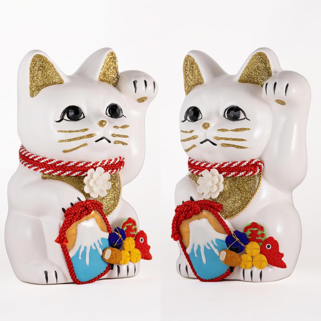 Lucky Cat Mount Fuji Left Paw Raised Ceramic Lucky Cat Fujiyama Auspicious Feng Shui Ornament Offering Box (M-SIZE White) / _ Maneki-neko (fj_M White)