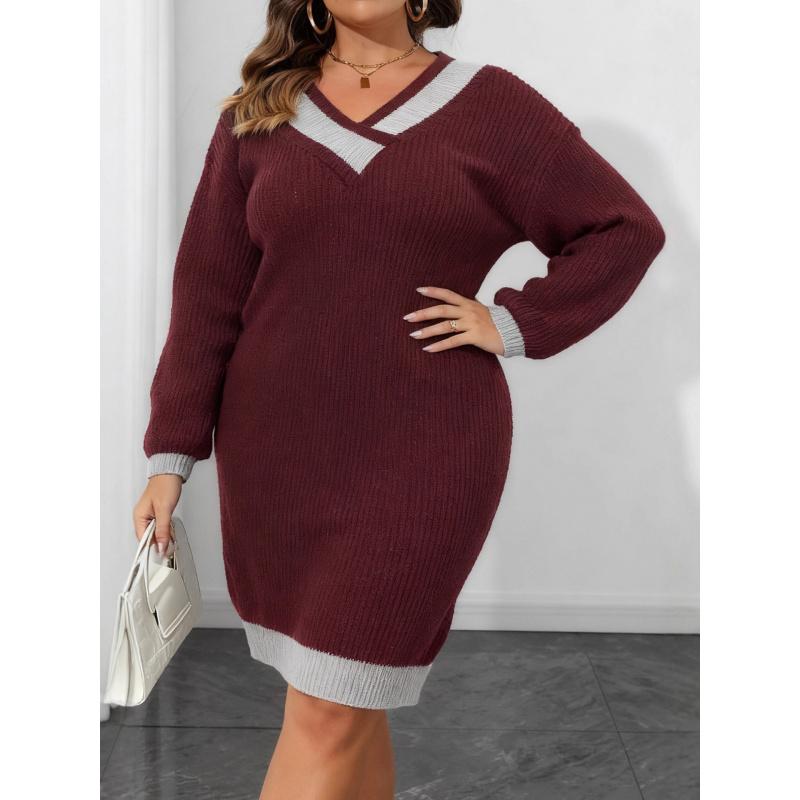 

Женское платье большого размера, женская одежда, вязаный свитер, V-образный вырез, колор-блок, пэчворк, облегающее платье-свитер 3XL красный