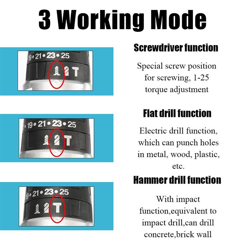 48V 68VF LED 2-Speed 3Modes Electric Drill Hammer Cordless 28N.m High Power Screwdriver Rechargeable with Battery