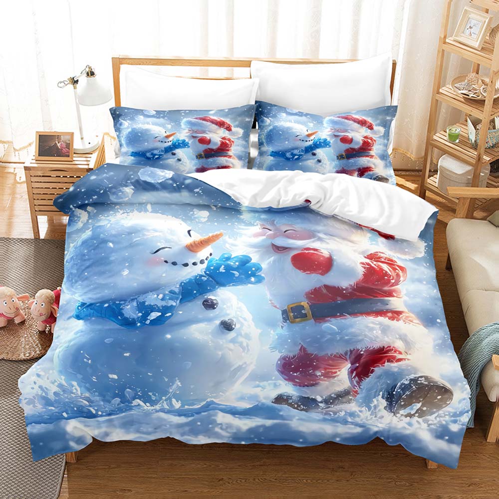 Kawaii Santa Snowman Three Piece Bedding Set Luxury Comforter Set with Queen King Size Including Household Goods Anime Cartoon C