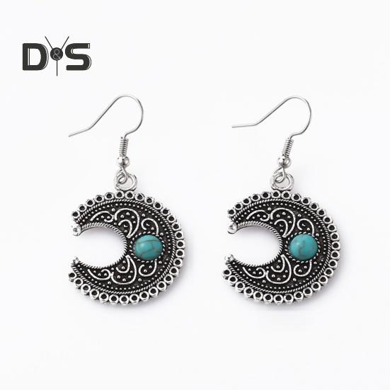1 par kvinner dingler øredobber etnisk halvmåne form retro bohemsk stil faux turkis rustfri legering ørepynt smykker langhengende øredobber