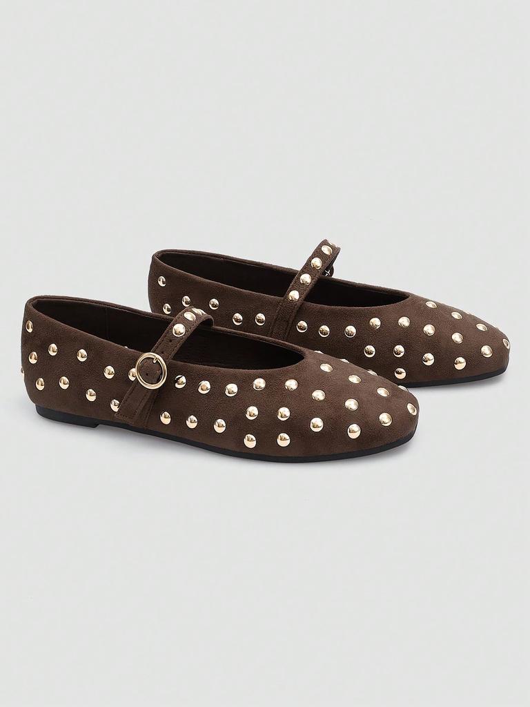 ADAMUMU Women's Brown Mary Jane Flats with Gold Sequin Embellishments