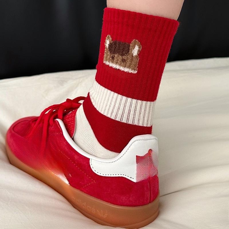 Red Socks - Men's and Women's Lucky Mid-Calf Cotton Knitted Embroidered New Year Socks