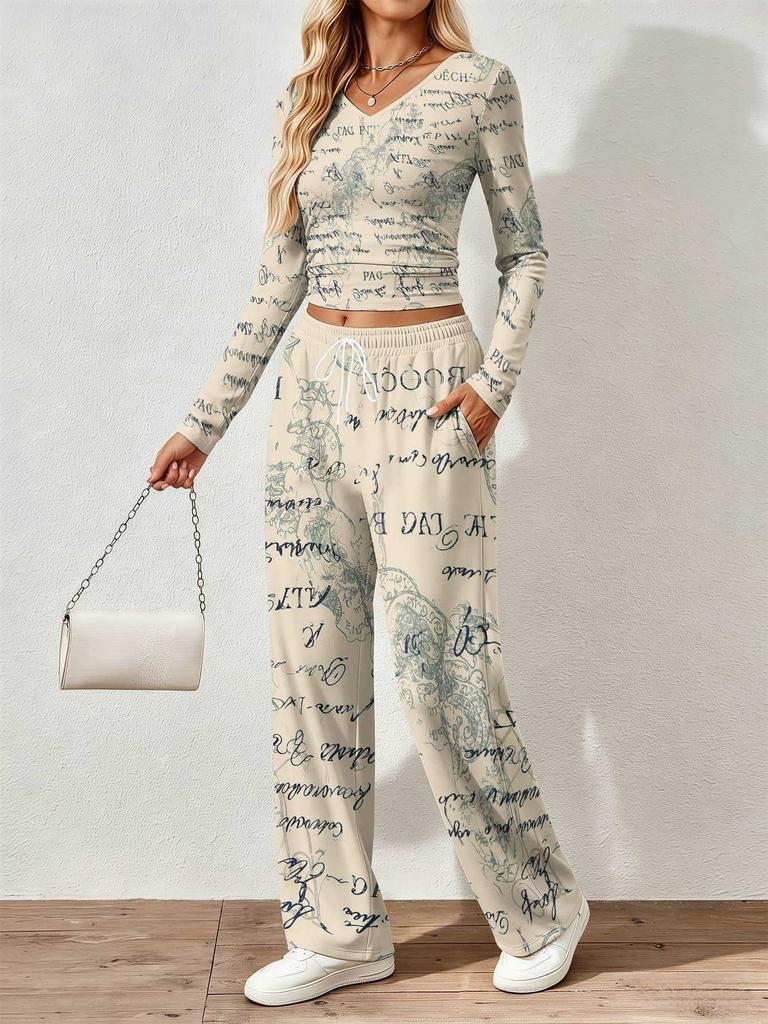 Spring and Autumn Ladies V-Neck Long Sleeve Pants Set Comfortable Casual Versatile Slim Two-piece Set