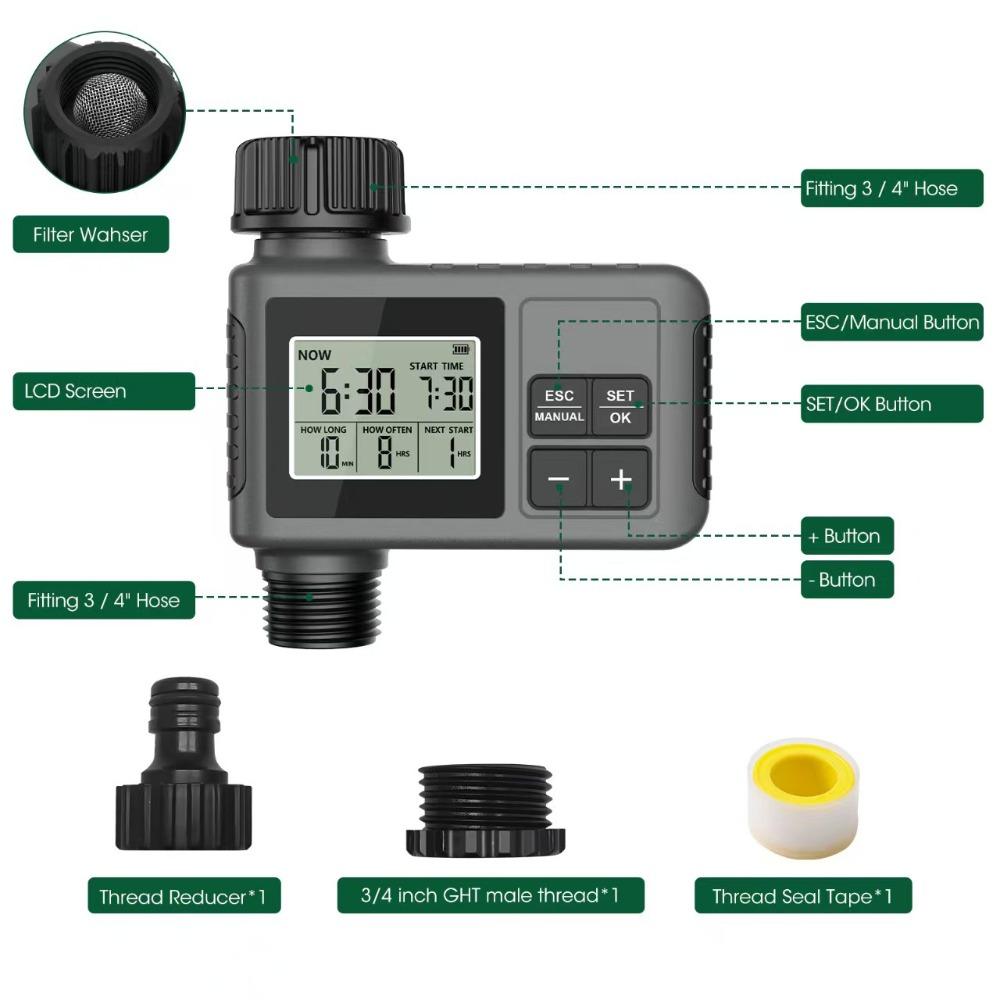 Digital LCD Water Timer, Automatic Garden Irrigation Controller, Grey Large Screen English Version EU Standard