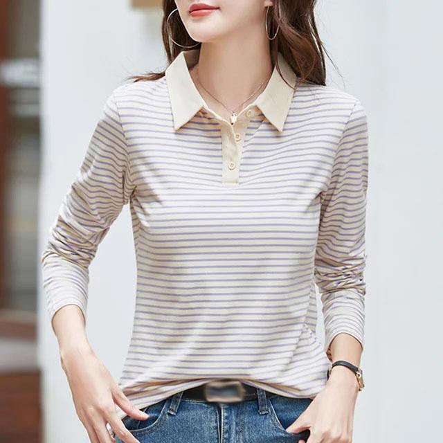 Ladies Casual Long Sleeve Striped POLO Collar Bottoming Shirt