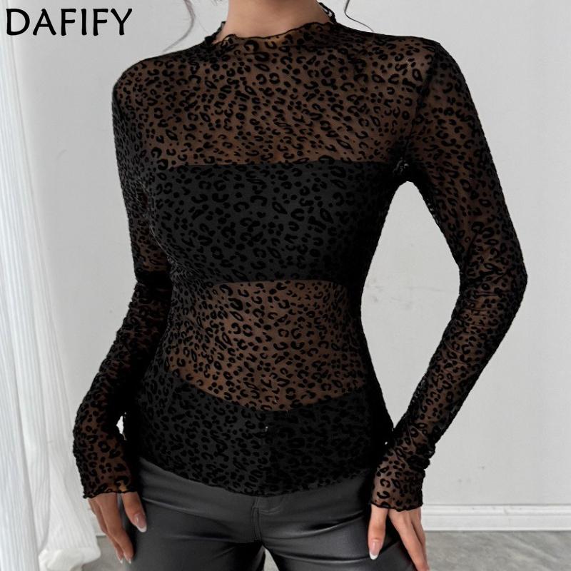 DAFIFY Women's Fashion Casual Spring Autumn Leopard Print Long Sleeve Half Turtleneck Blouses & Shirts