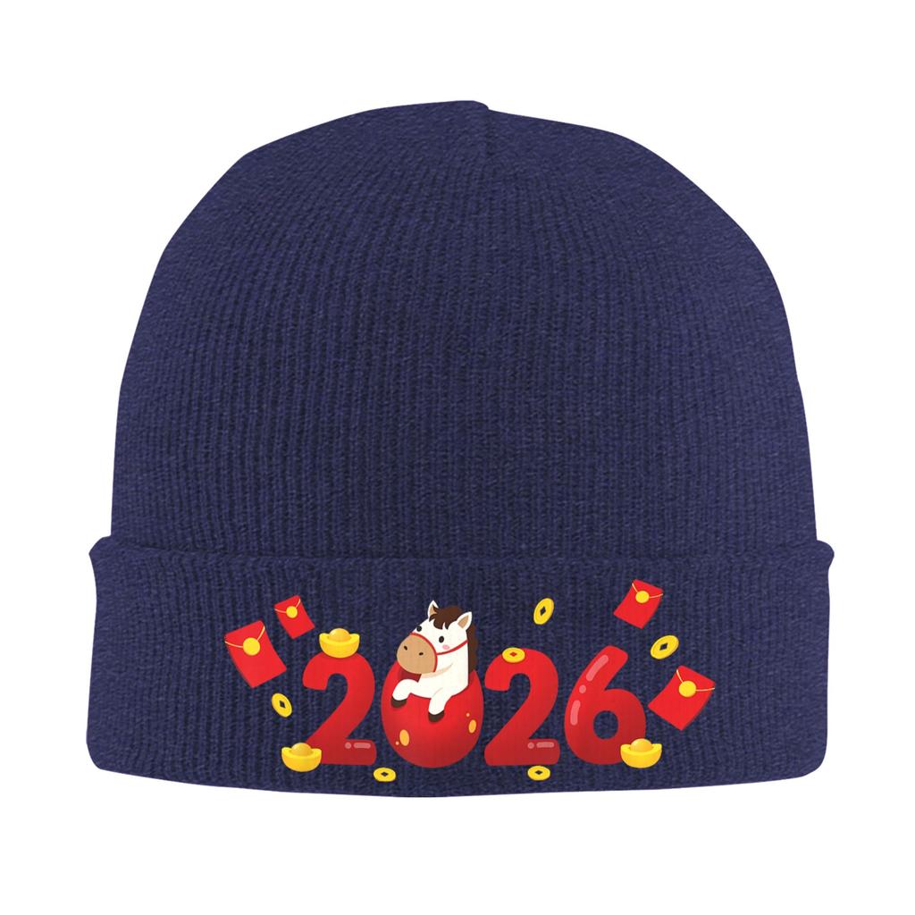 Funny Happy New Year 2026 Cute Year of The Horse Knit Hat Caps Men Women Hippie Beanie Hats Autumn Winter Head Wrap Bonnet Hats