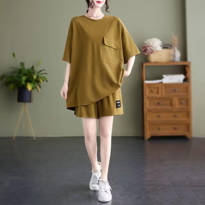 Summer Casual Suit for Women, Loose Large Size, Slim, Fashionable, Versatile Short-sleeved Shorts Two-piece Set, Slightly Fat