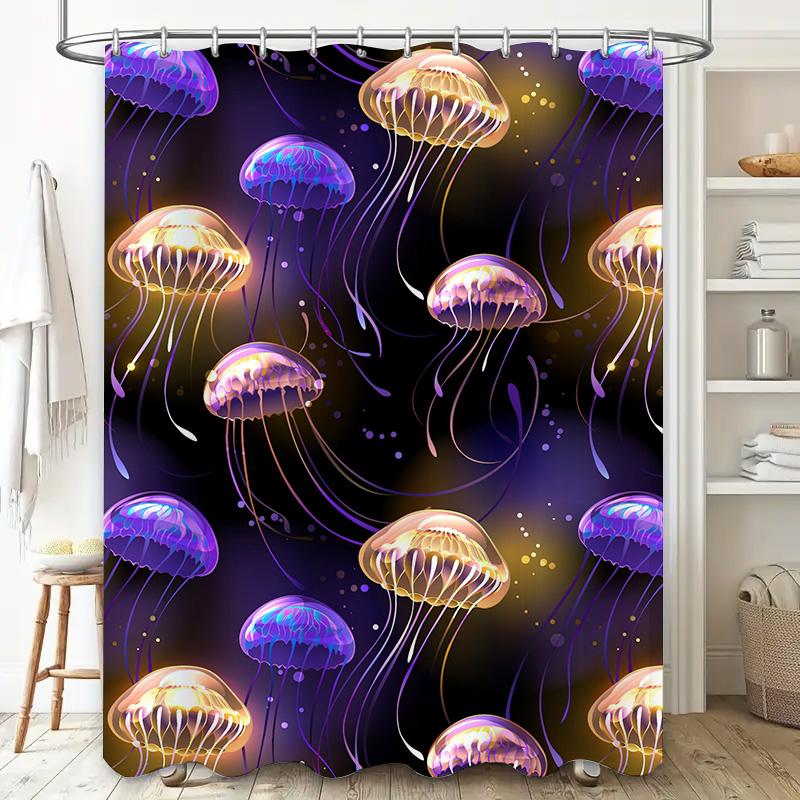 Jellyfish Shower Curtain Vivid Purple Gold Light-Up Jelly Fish Print Waterproof Fabric Easy Install Hook Bathroom Decor for Kids