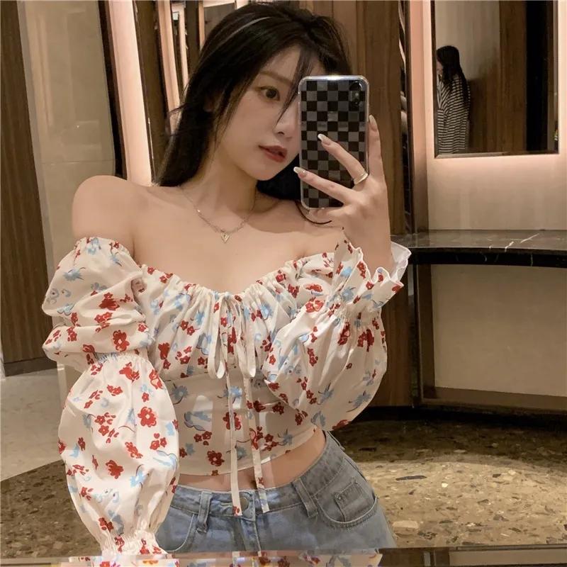 Sweet and Spicy Floral Versatile Shirt for Women Autumn New High Waist Navel Short Top French Niche Long Sleeve Shirt