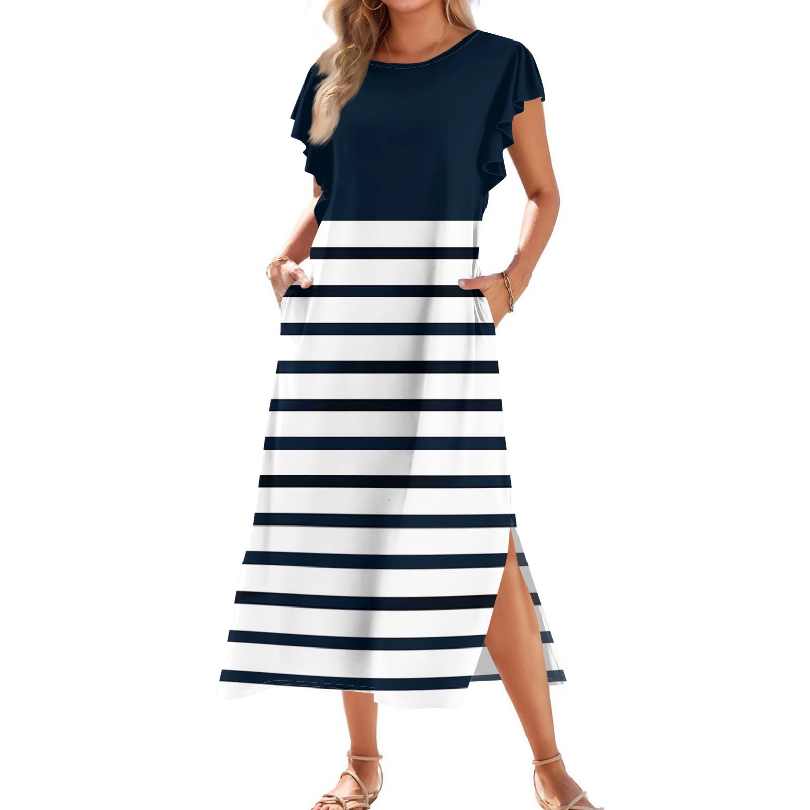 

Женское модное летнее повседневное пляжное платье с плиссированными рукавами, свободными полосатыми короткими рукавами, круглыми завязками и карманами S тёмно-синий