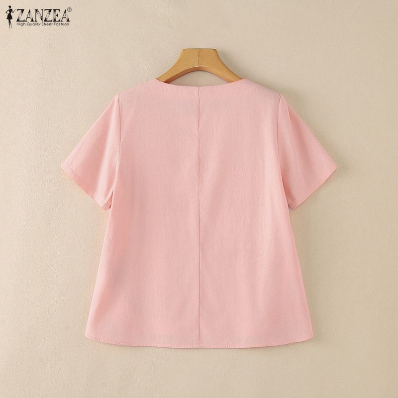 ZANZEA Blusa Feminina Casual Gola Redonda Cor Sólida Manga Curta Soltinha