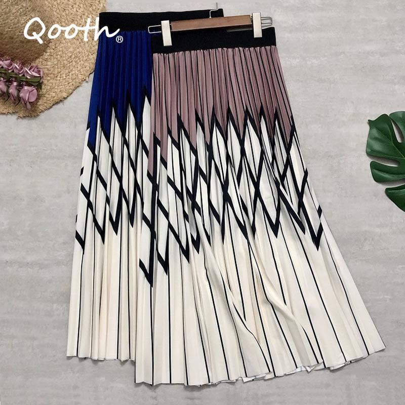 Qooth Spring Summer Women Casual Midi Skirts Rhombus Printing Patchwork Skirt High-waisted A-line Skirt
