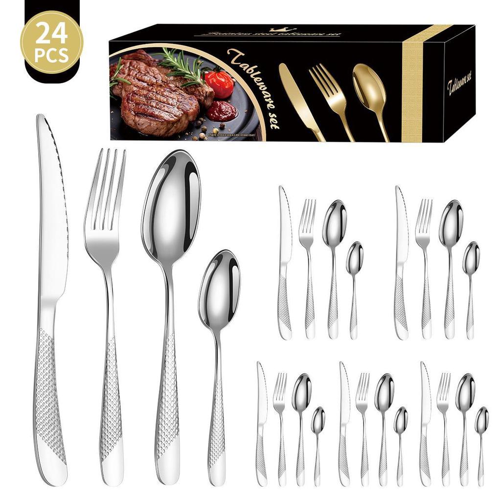 Zestaw 24-częściowej, pozłacanej zastawy stołowej ze stali nierdzewnej o wysokiej wartości: Zestaw noży, widelców i łyżek dla 6 osób, z motywem gwiazdy i diamentu, w pudełku prezentowym.