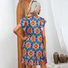 Women's Summer Ethnic Printed Short Sleeve High Waist A Line Lace Up Dress