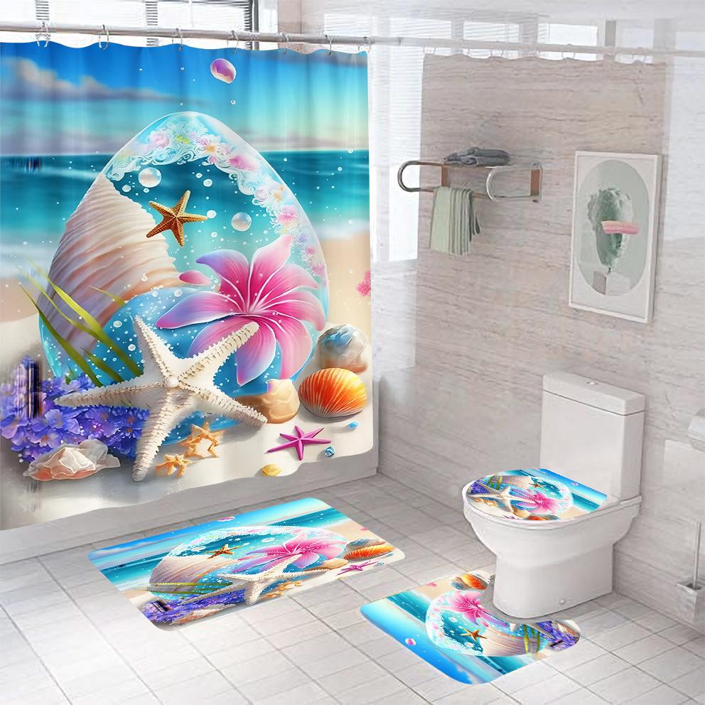 Bathroom Shower Curtain Four-piece Digital Printing Beach Shell Waterproof Shower Curtain Shower Curtain Partition Curtain Bath Mat