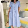 GMXIA Dame Sommer Casual Bomull V-hals Kort Erm Knappekjole