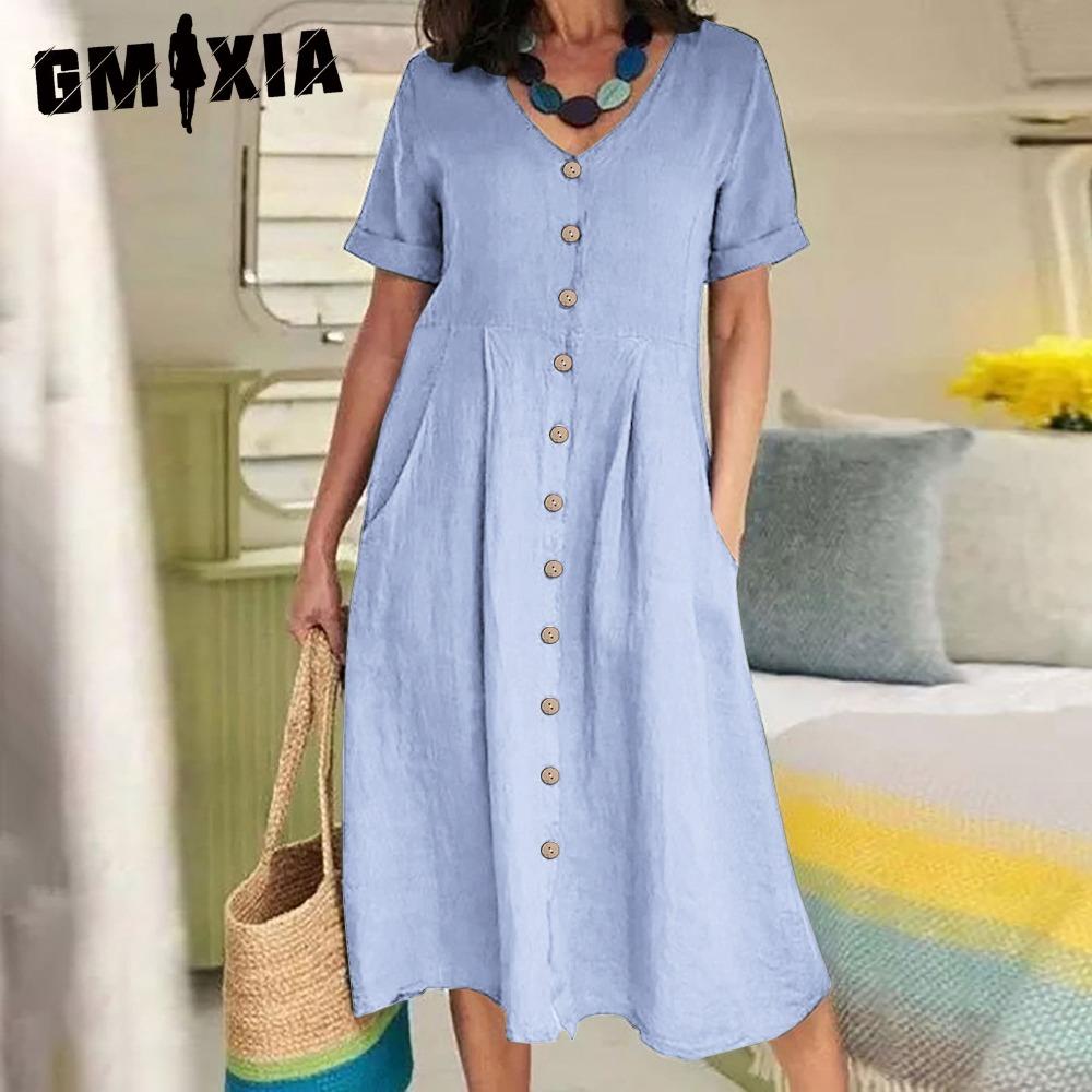 GMXIA Dame Sommer Casual Bomull V-hals Kort Erm Knappekjole