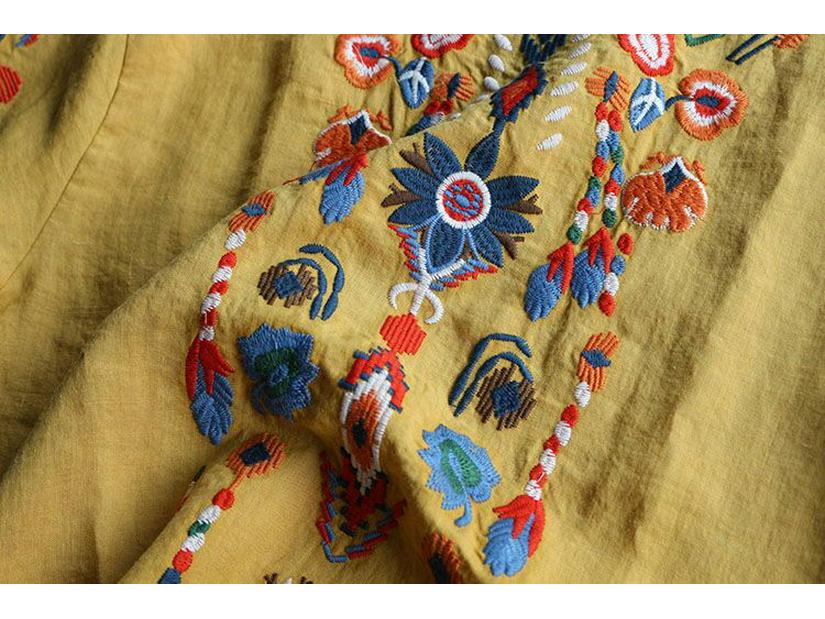 T-shirt d'été ethnique pour femmes en coton lin brodé - Coupe ample rétro, polyvalent grande taille, haut à manches courtes