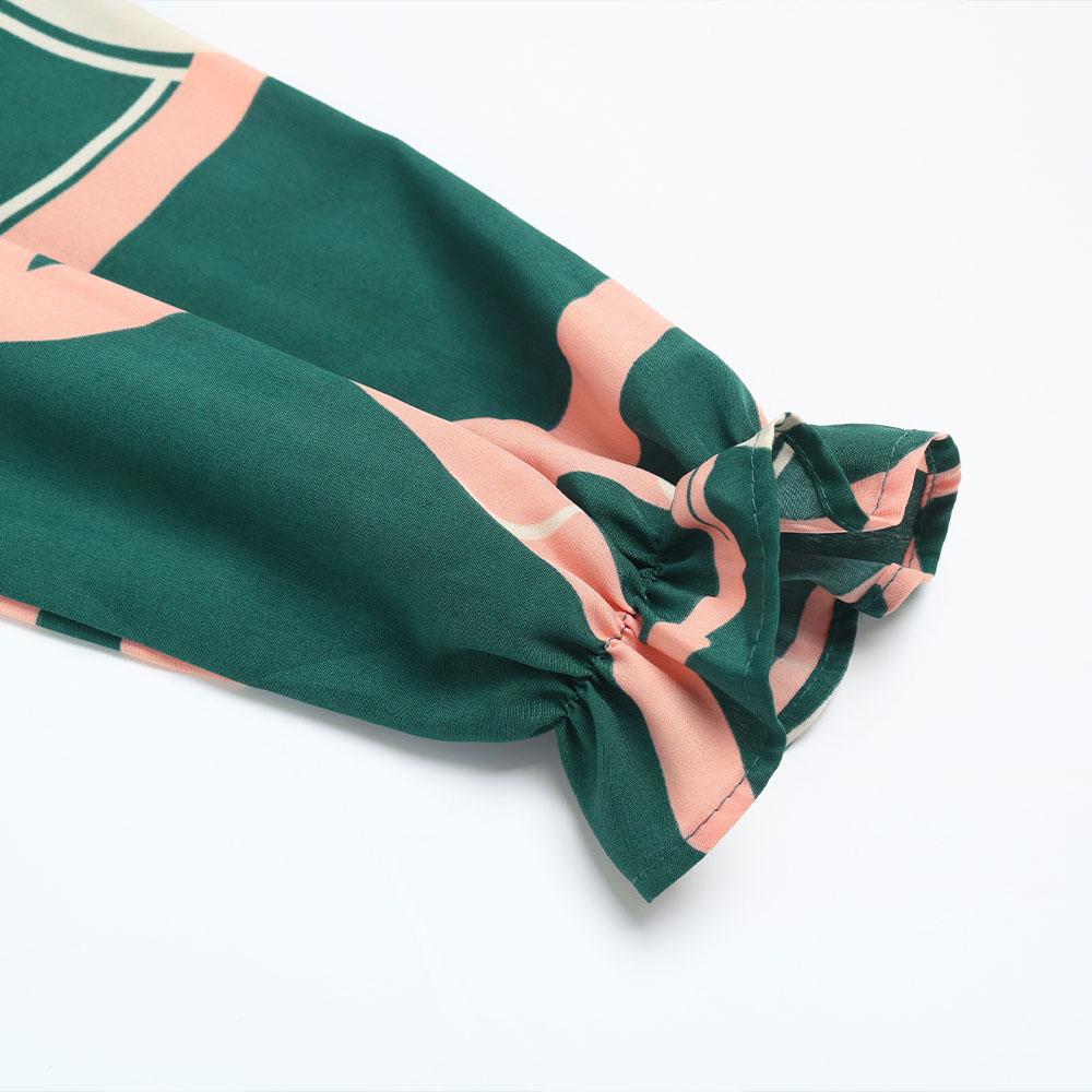 Otoño Invierno mujer manga larga estampado elegante cuello en V gasa A-Line hasta la rodilla vestido de cintura alta