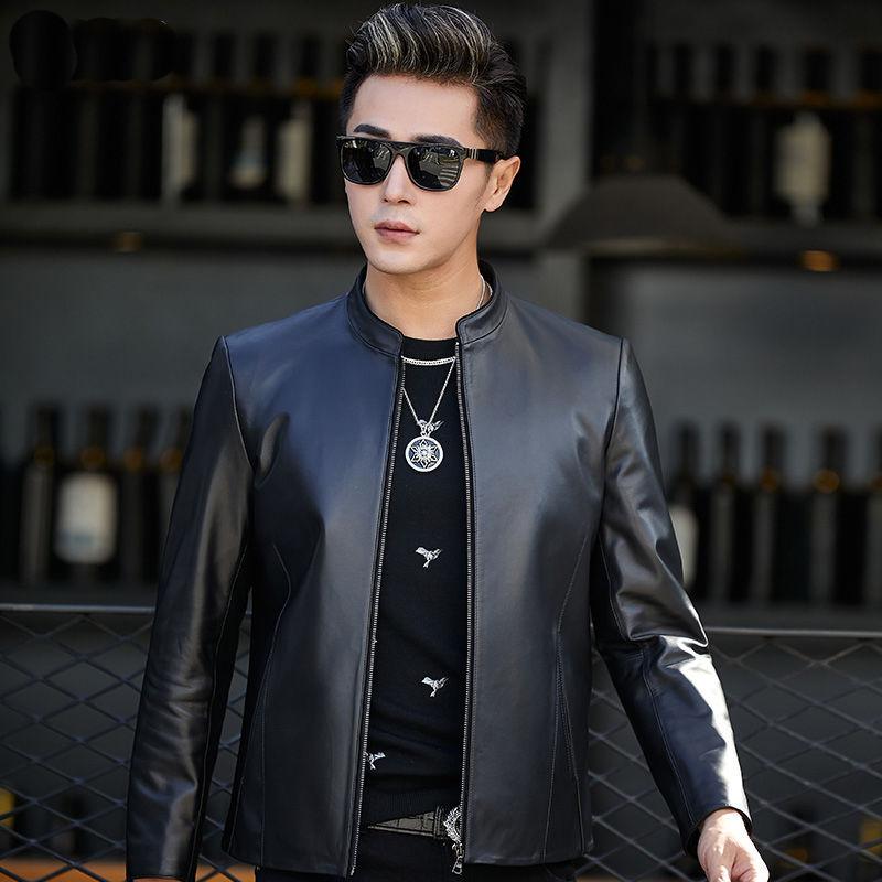 Leather Jacket Men's New First Layer Sheepskin Leather Jacket Black Single Style Stand Collar Slim Motorcycle Jacket