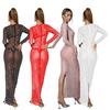 European & American Fashion Women's Solid Color Mesh Long Sleeve Maxi Dress with Hot Drill Details