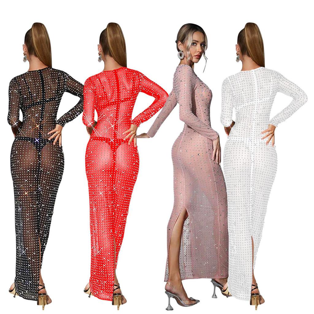 European & American Fashion Women's Solid Color Mesh Long Sleeve Maxi Dress with Hot Drill Details