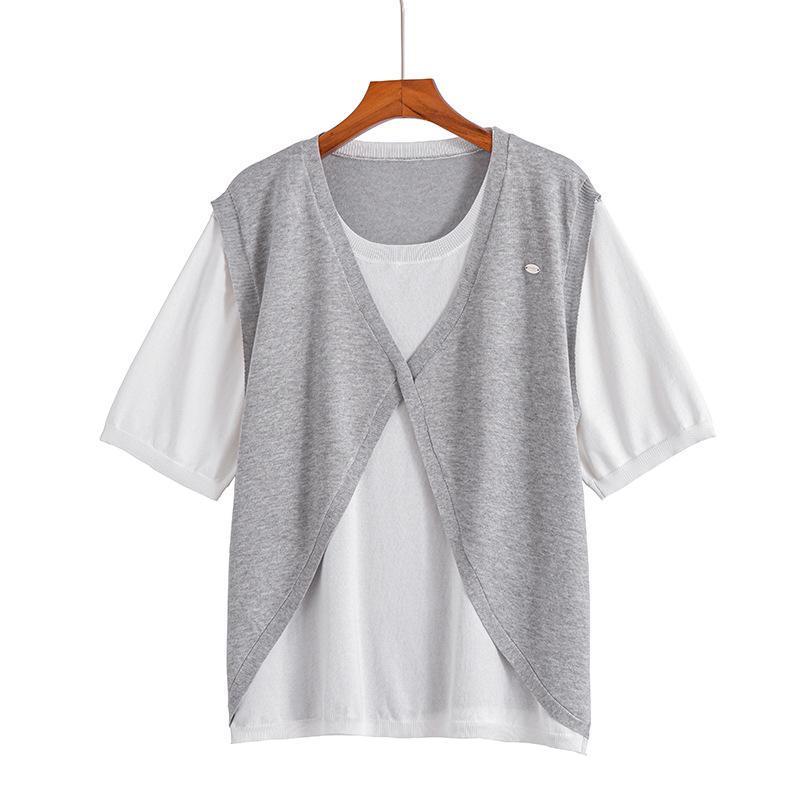 

2026 Color Block Korean Style Plus Size Knit Top T-shirt for Women and Girls 3XL (165-200 jin) серый