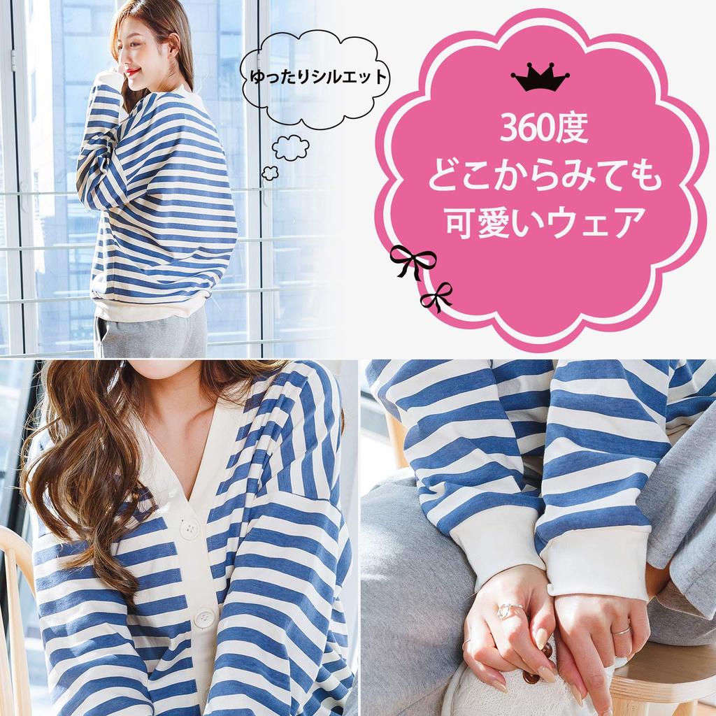 MiniZaru Cotton Loungewear Loose Long and Cute and Women's 100% Pajamas, Fit, Sleeves, Pants, Skin-Friendly (3028 Blue, L)