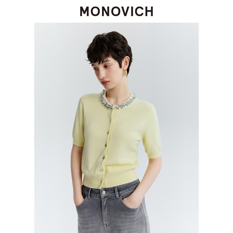 MONOVICH Sequin Slim Fit Short Sleeve Knit Top M