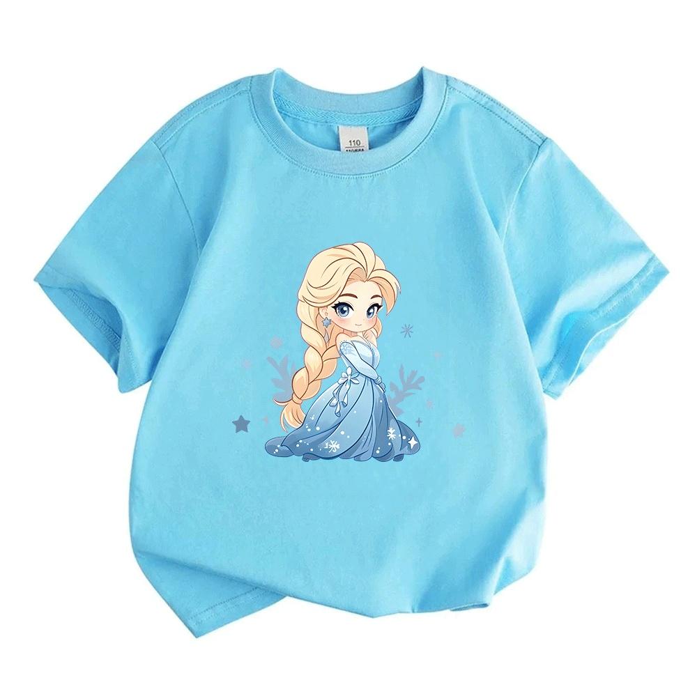 Kids Boys Girls Crew Neck Short Sleeve T-Shirt, 100% Cotton Cute Cartoon Ice Princess Print Casual Soft Tees for Toddler Children Daily Wear Summer Ba