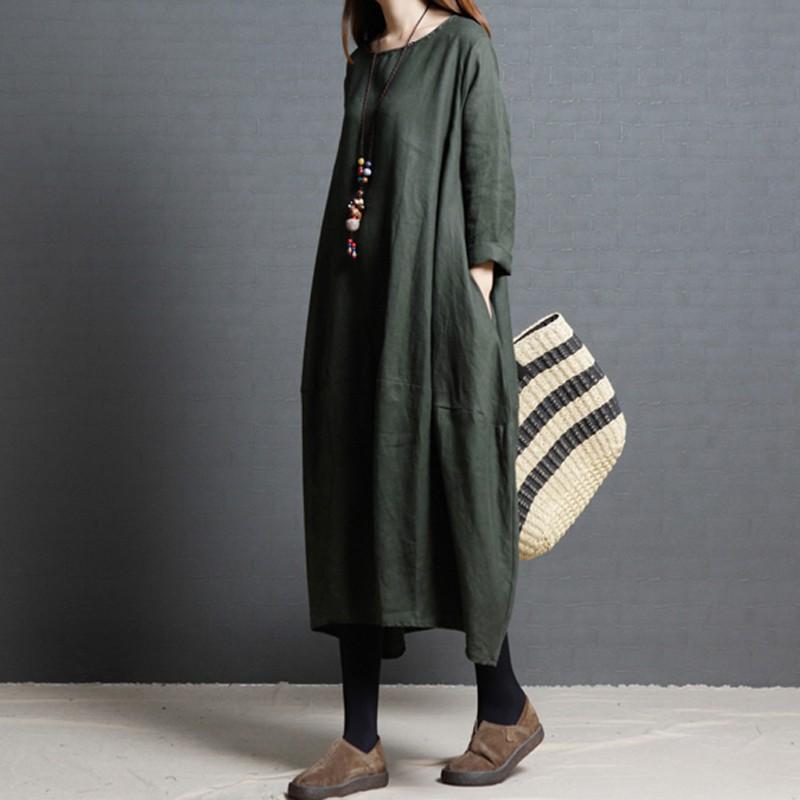 Abito Maxi da Donna in Lino a Manica Lunga con Scollo a O, Oversize Casual, Tunichetta Lunga Dritta