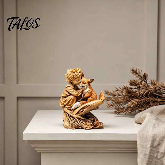Handcrafted Wooden Statues Fairy Tale Little Boy and Fox Figurine, Rustic Desktop Statue, Artistic Carved Christmas Gift Ideas Sculpture Ornament for