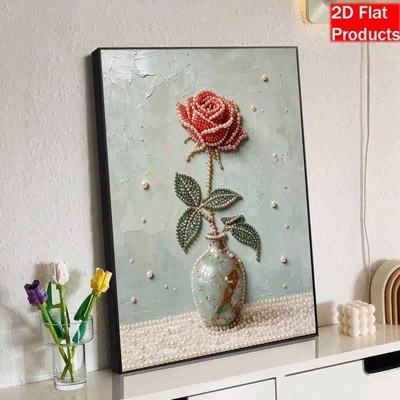 DIY rahmenloses Perlenmalerei-Set Rote Rose in Vase Design 3D glänzende Perlenkunst Leinwand Entspannendes Basteln für moderne Heimwanddekoration Kunstgeschenk