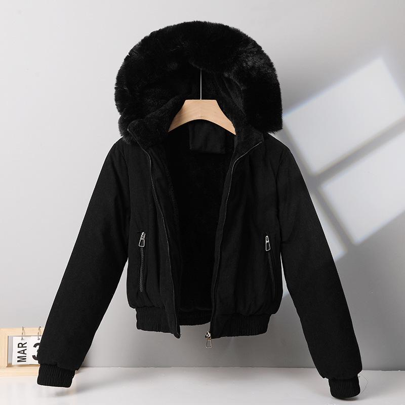 Women's Fleece-lined Cotton-padded Coat with Big Fur Collar Short Thickened Hooded Jacket
