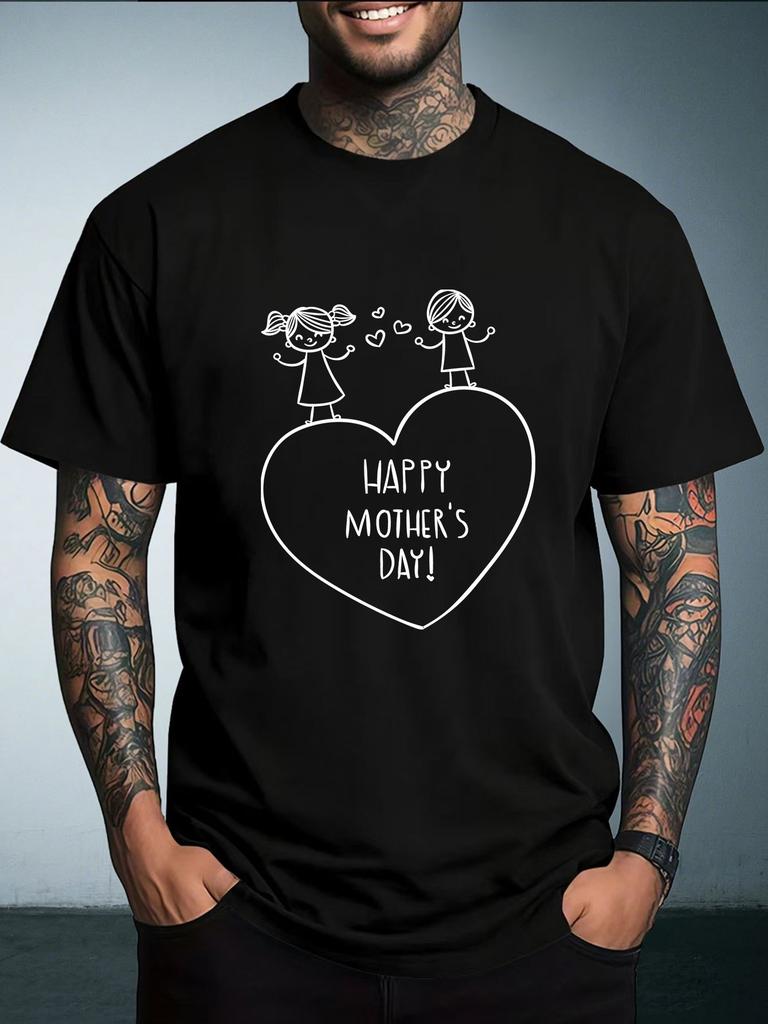 Unisex White Short Sleeve Tee Heart Two Kids Stick Figure Happy Mothers Day Text Graphic Crew Neck Loose Casual Male Daily Tops