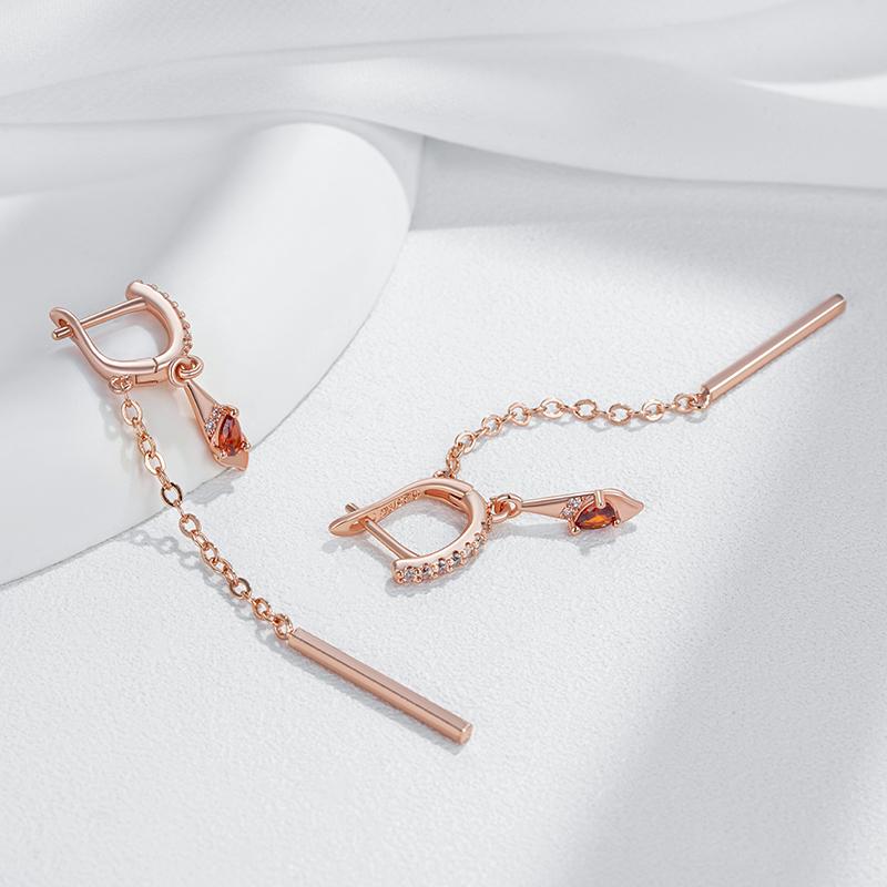 Trend Long Tassel Dangle Earrings For Women Fashion  Rose Gold Color With Red Natural Zircon Fine Daily Jewelry