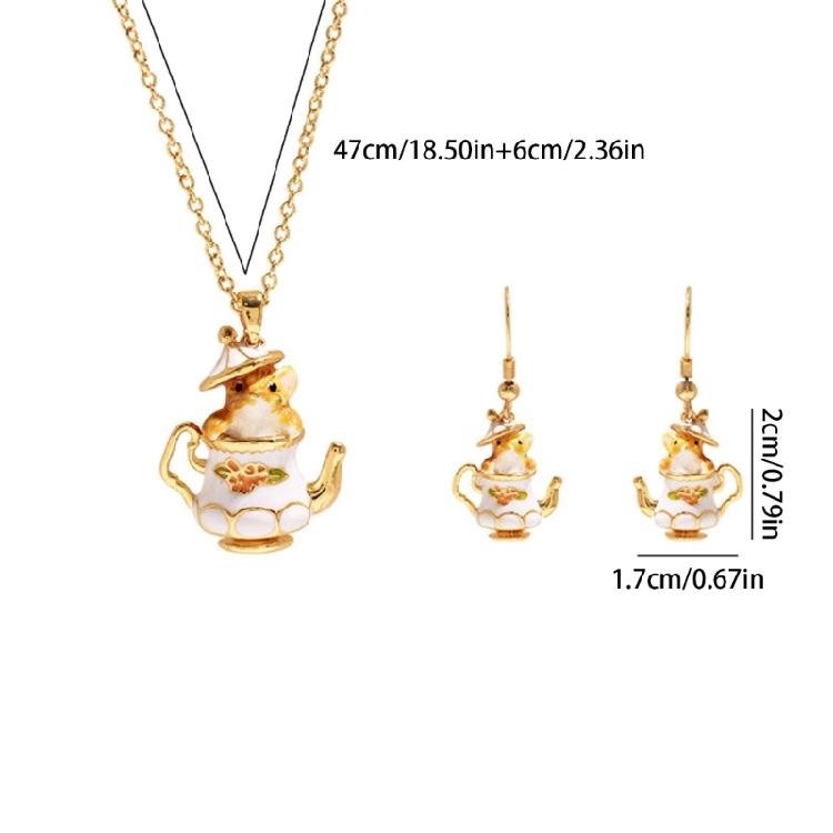 Enamel Chipmunk Teapot Earrings Trendy Pendant Necklace Stylish Woman Accessory