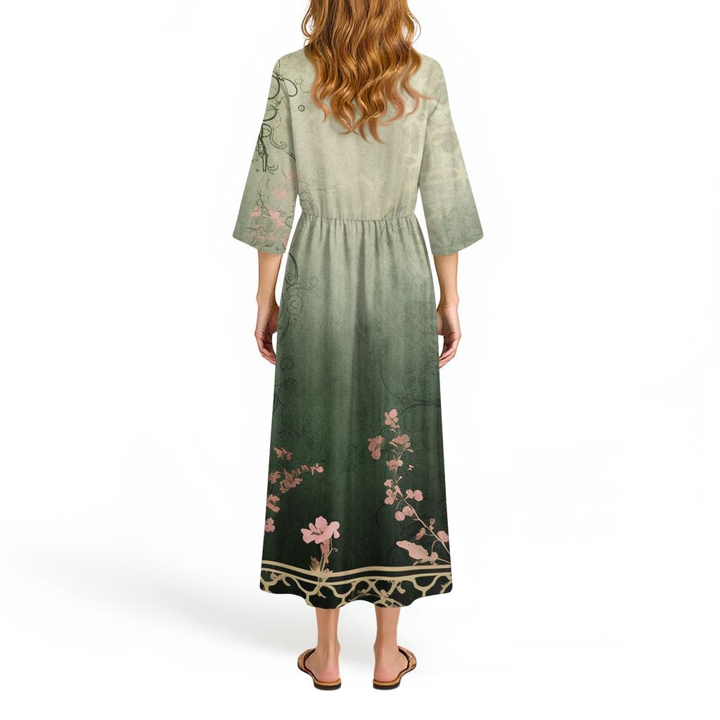 Damen Modisches Bedrucktes Rundhals Siebenviertelärmel Lockeres Kleid