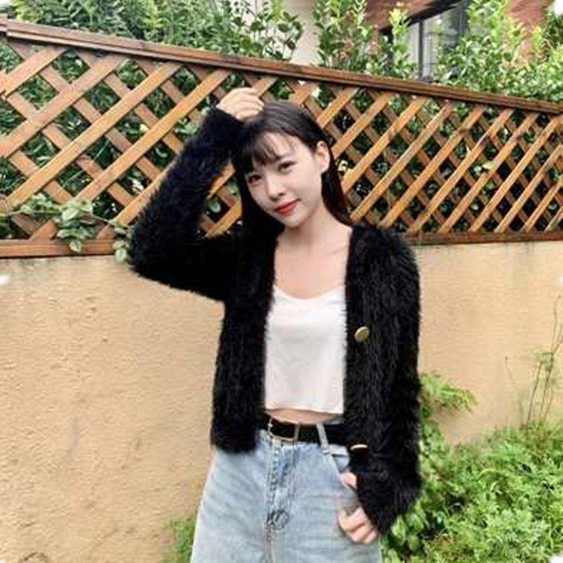 

Кардиган из искусственного норкового пуха, маленький длинный шерстяной вязаный короткий кардиган, небольшой аромат, однотонный свитер с высокой талией, женский One Size чёрный