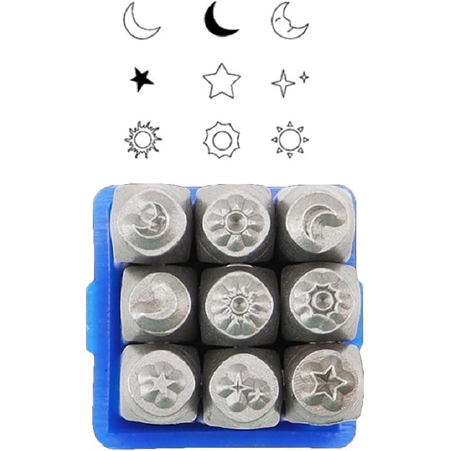 9 Pieces Metal Stamping Tool Set 1/8" (3mm), Steel Sun and Star Set Leather Stamp for Jewelry Making Craft Stamp Punch