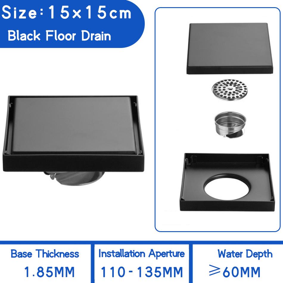Invisible Floor Drain 304 Stainless Steel Black Brushed Bathroom Shower Drainage Square Waste Filter Floor Drains 10/11/12/15cm