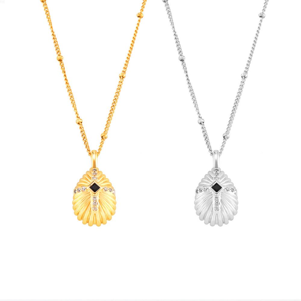 Light Luxury Shell Textured Cross Diamond Zircon Pendant Stainless Steel Clavicle Necklace Necklace Women