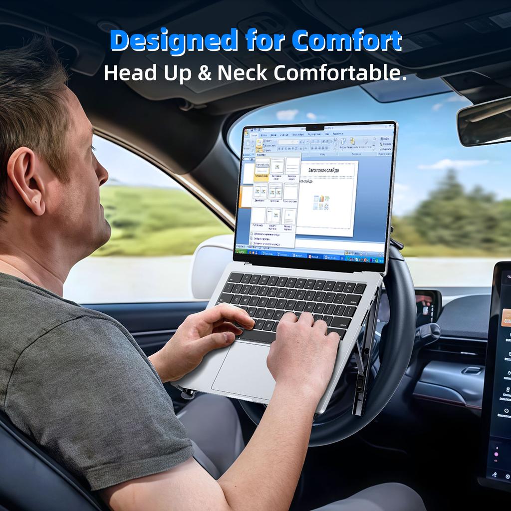 Eary Foldable Car Laptop Mount for Steering Wheel Holder 5 Height Adjustable Metal Notebook Tablet Stand Travel Car Accessories